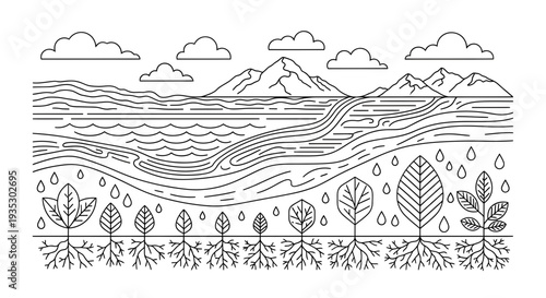 Vector landscape illustration with mountain range and plants isolated on White Background