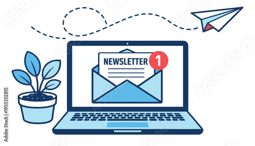 Modern line art illustration of a laptop screen depicting an email newsletter notification for online marketing