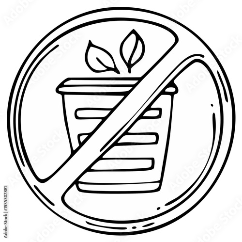 Doodle illustration of a trash can with leaves inside crossed out with a red line indicating no littering or waste.