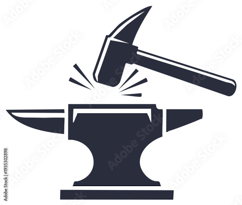 Blacksmith hammer striking an anvil vector icon for metalworking and industry