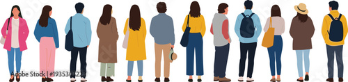 People standing in a row from behind in various casual outfits