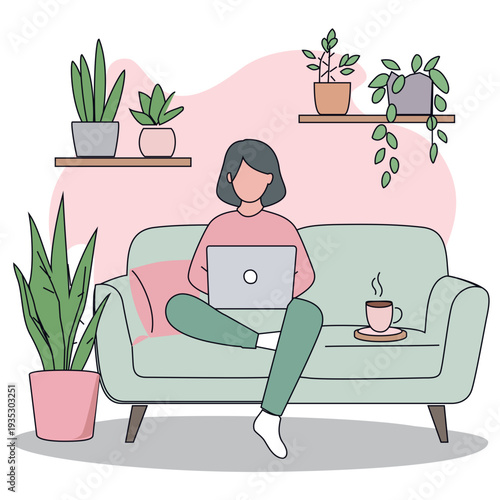 Remote Work at Home Flat Vector Illustration Woman With Plants And Teacup Business