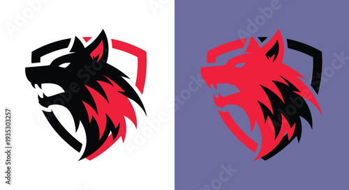 A stylized wolf logo with red and black colors on white and blue backgrounds