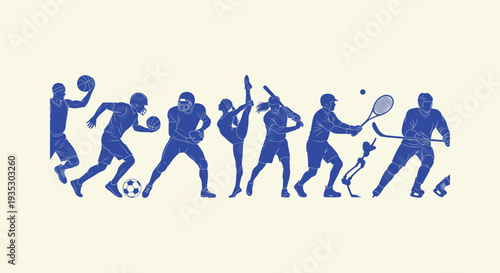 Dynamic Diverse Sports Athletes Silhouettes Vector Illustration Featuring Basketball Football Baseball Tennis Hockey