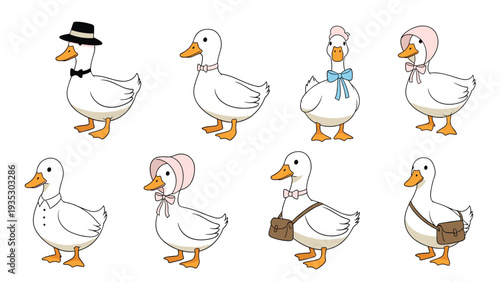 Group of cute white ducks wearing different accessories like hats, bows, and satchels are illustrated in a charming and playful cartoon style.