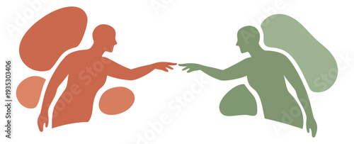 Abstract flat illustration of two figures depicting hands reaching out to touch for human connection concept