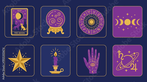 Mystical and Astrology Essentials Icon Set Vector – Illustrations of Tarot Card, Crystal Ball, Zodiac Wheel, Moon Phases, Star, Candle, Palmistry, Planet Symbols
