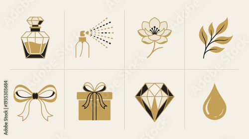 Luxury Beauty and Perfume Icon Set Vector – Gold and Black Illustrations of Perfume Bottle, Spray, Flower, Leaves, Bow, Gift Box, Diamond, Droplet