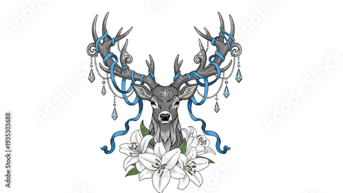 Majestic deer head with antlers decorated with blue ribbons and sparkling gems stands above a bed of white lilies in a fantasy art style.