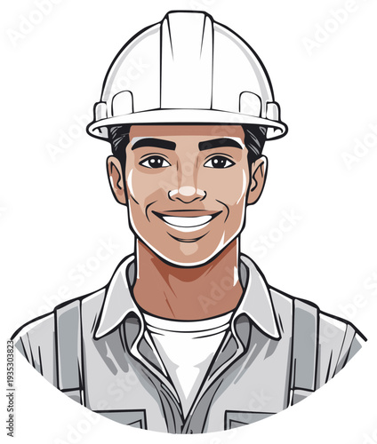 Smiling male construction worker wearing a white hard hat portrait