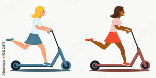 Girl on a scooter set, girl courier, blonde on an electric scooter, dark-skinned girl on an electric scooter