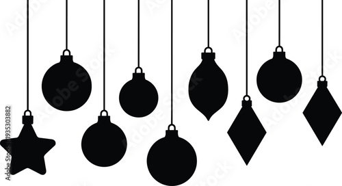 Hanging Christmas ornaments silhouette collection featuring various shapes like stars balls and diamonds for holiday season decoration and festive greeting cards