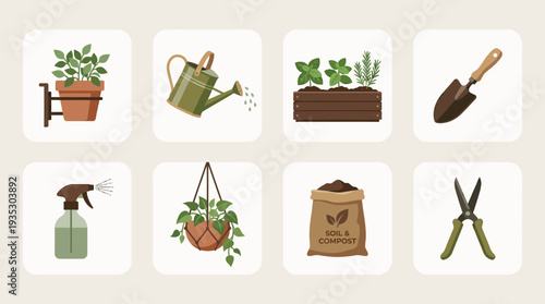 Gardening Essentials Icon Set Vector – Illustrations of Potted Plant, Watering Can, Planter Box, Trowel, Spray Bottle, Hanging Plant, Soil Bag, Shears for Creative Projects