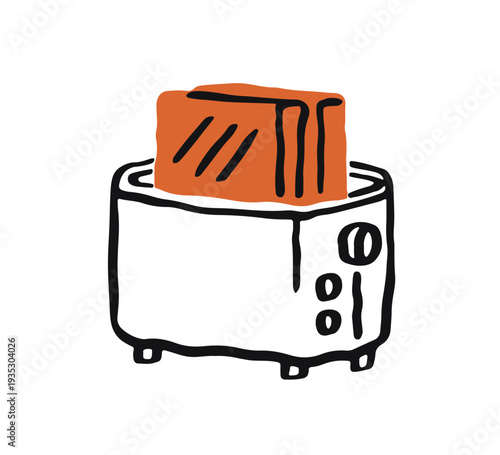 Doodle outline toaster with roasted bread slices popping. Toast pieces for br...