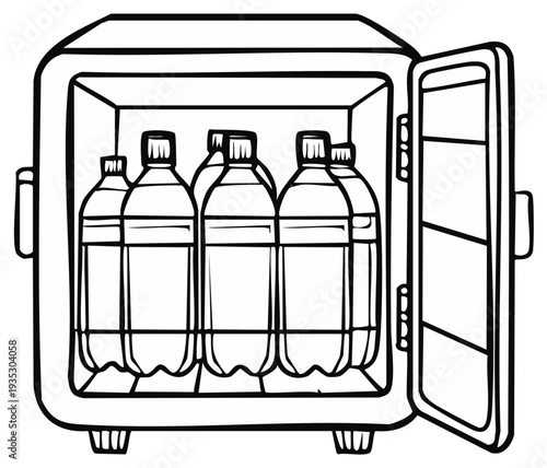 Cartoon Cooler Holding Plastic Bottles of Water, Open Door Display