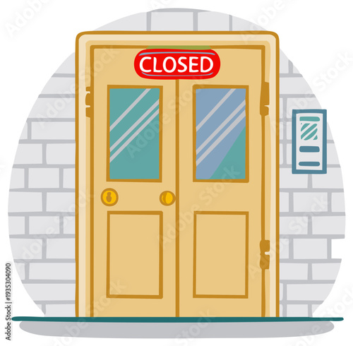 Cartoon illustration of a closed wooden door with a red sign on a brick wall entrance