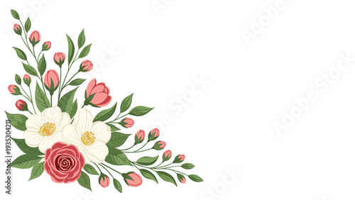 Beautiful corner floral arrangement with a red rose, white flowers, and pink buds on green stems provides a classic and elegant border design.