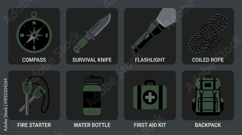 Survival Essentials Icon Set Vector – Outdoor Adventure Gear Illustrations of Compass, Knife, Flashlight, Rope, Fire Starter, Water Bottle, First Aid Kit, Backpack