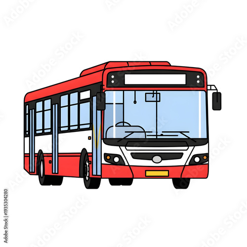 Modern red and white city bus illustration with large windows isolated design transparent background