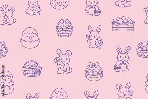 Charming seamless pattern featuring cute Easter bunnies, decorated eggs, and baskets on a soft pink background. Ideal for festive designs and holiday-themed projects.
