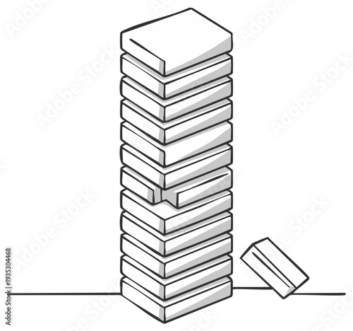 Tower of blocks with one block removed and fallen over illustration