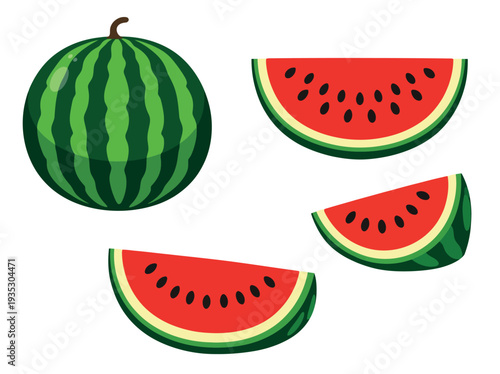 Flat design style watermelon set featuring a whole fruit and cut slices for healthy summer food and tropical themes