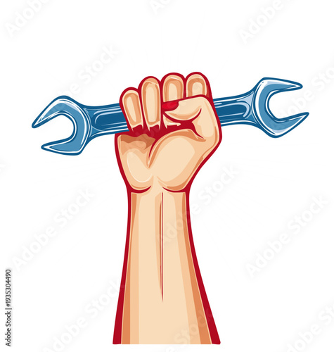 Human Arm Holding Upward A Wrench Hand Woman Tool Worker Symbol Construction Service Mechanic Engineer