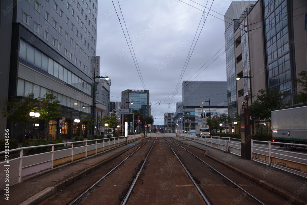 Obraz premium 市街地の路面電車の線路