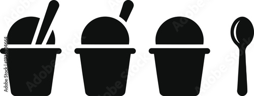 Ice cream cup silhouette set, frozen yogurt dessert icons, gelato sundae vector, sweet food snack symbol, plastic cup with spoon.