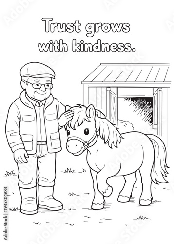 coloring book grandpa placing a flower crown on his pony, sharing warm smiles and laughter