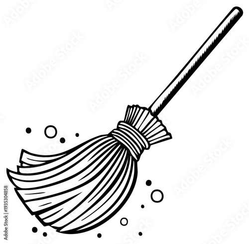 Classic Witch's Broomstick with Floating Dust Particles Hand Drawn Illustration