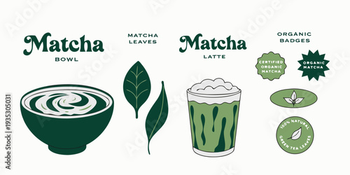 Kawaii Matcha Drinks and Desserts Collection with Cute Faces illustration