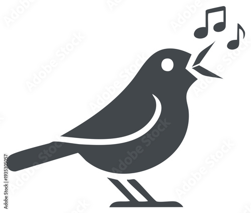 A stylized dark gray bird icon sings with musical notes floating above its open beak