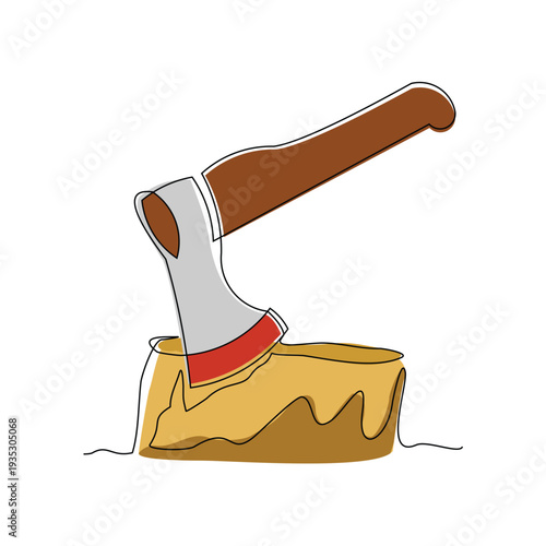 Continuous line sketch drawing Hatchet in a tree stump. A tree stump with an axe stuck. Forest, camping concept. Axe in stuck at stump vector illustration single one editable stroke