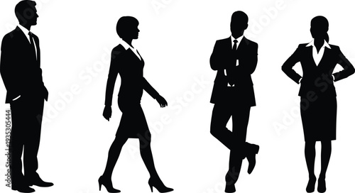 Four business people silhouettes in various poses black white