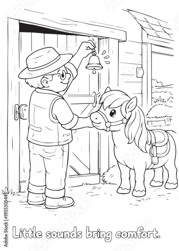 coloring book grandpa running through a meadow playing with his pony, making joyful memories