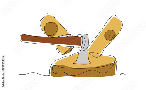 Continuous line sketch drawing Hatchet in a tree stump. A tree stump with an axe stuck. Forest, camping concept. Axe in stuck at stump vector illustration single one editable stroke