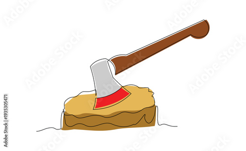 Continuous line sketch drawing Hatchet in a tree stump. A tree stump with an axe stuck. Forest, camping concept. Axe in stuck at stump vector illustration single one editable stroke