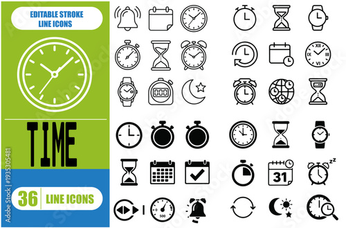 Time Line Icon Set. A Collection Of 36 Editable Stroke Thin Line Icons Representing Clocks, Watches, Timers, Calendars, And Schedules. Perfect For Time Management, 24 7 Service. Isolated Vector.