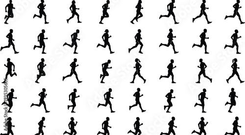 Large, set, of, running, silhouettes, people, jogging, sprinting, athletes, fitness, workout, group, exercise, marathon, training, isolated, vector, collection, active, lifestyle.