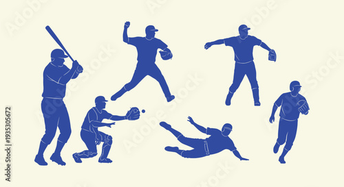 Professional Baseball Players Vector Silhouettes Collection Performing Diverse Dynamic Game Actions