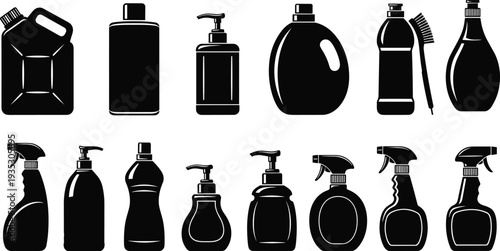Black Vector Silhouette Icon Set of Household Cleaning Supplies Plastic Bottles Spray Containers Pump Dispensers and Professional Chemical Product Packaging for Graphic Design