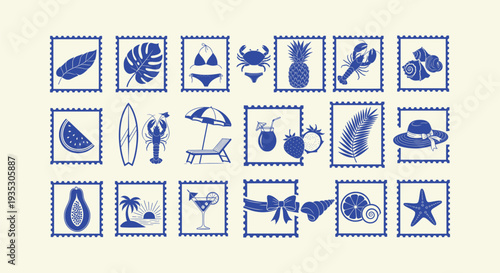 Vibrant Tropical Summer Beach Holiday Vacation Icons Postage Stamps Set