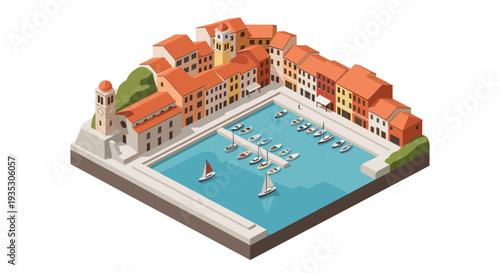 Isometric vector illustration showing a beautiful marina, featuring colorful buildings with red roofs, boats, and a calm sea, suitable for travel and architecture designs.