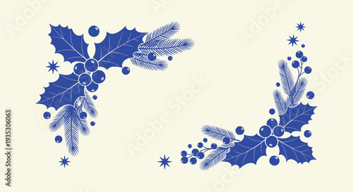 Elegant Festive Winter Holiday Corners Holly Berries Pine Branches Vector Decorative Ornaments Frame