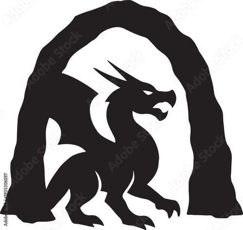 Black Dragon Silhouette in Cave Vector Illustration