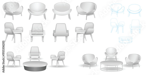 Collection of modern lounge armchairs and round coffee tables shown from multiple angles and perspectives. Minimal contemporary furniture set commonly used in living rooms, hotel lobbies, offices,  