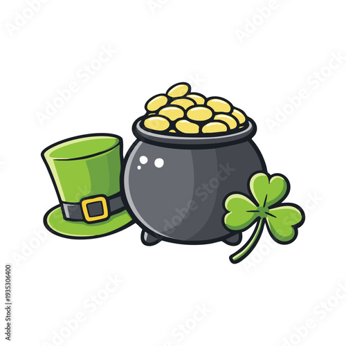 The green pot is full of gold coins with good luck clover on st patrick festival.