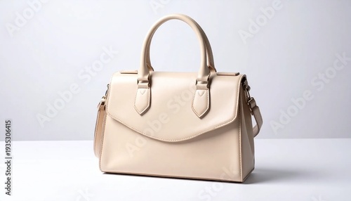 Elegant, neutral-toned satchel bag with a structured design, featuring a shoulder strap