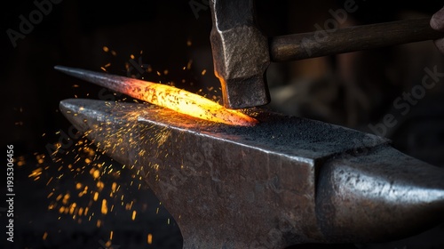 Broken sword being hammered on anvil, glowing metal with flying sparks. safety posters, maintenance manuals, designed for industrial assembly lines and welding operations.